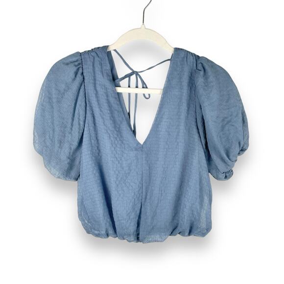 ASTR Revolve Bubble Sleeve Gauze Top Blue Size XS Tie Back Pastel Fairy Preppy - Picture 3 of 10